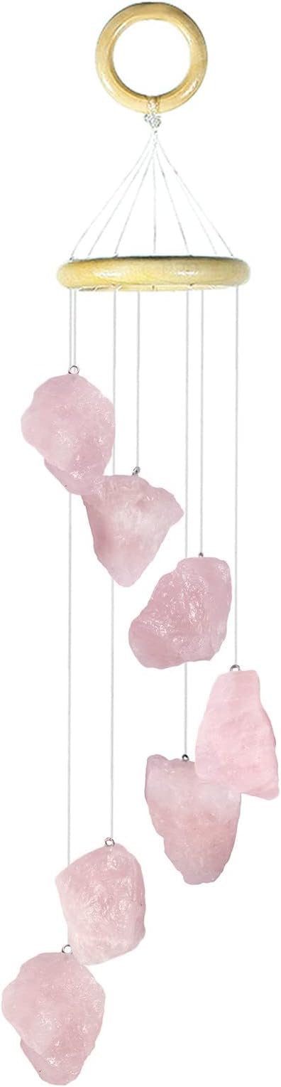 Rose Quartz Raw Stone Wind Chime with Wooden Hanging Circle Boho Patio Home Garden Windows Wall Ornament