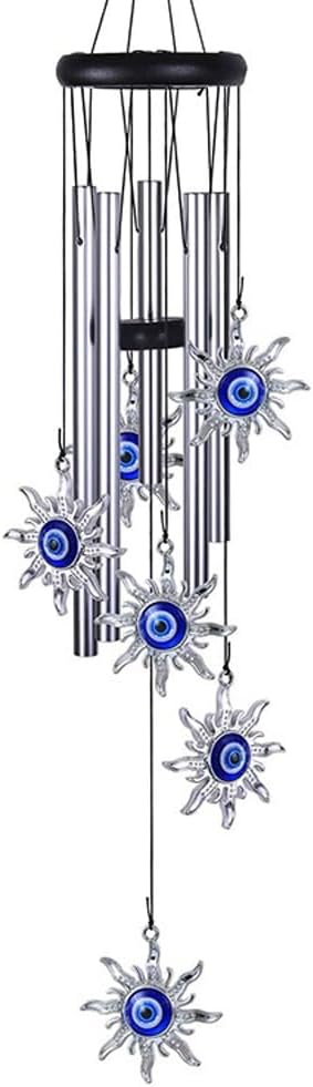 Blue Evil Eye Heart Wind Chimes, Metal Tubes Hanging Ornaments, Car Outdoor Garden Decor (Sun)