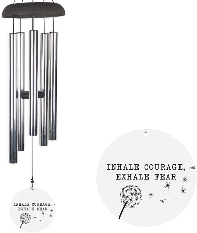 Inspirational Wind Chime Inhale Courage Exhale Fear with Dandelion Design, Outdoor Decorative Chime for Garden, Patio, or Porch, Motivational Quote Gift