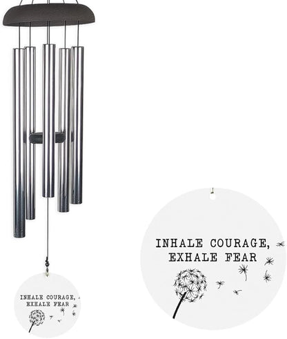 Inspirational Wind Chime Inhale Courage Exhale Fear with Dandelion Design, Outdoor Decorative Chime for Garden, Patio, or Porch, Motivational Quote Gift