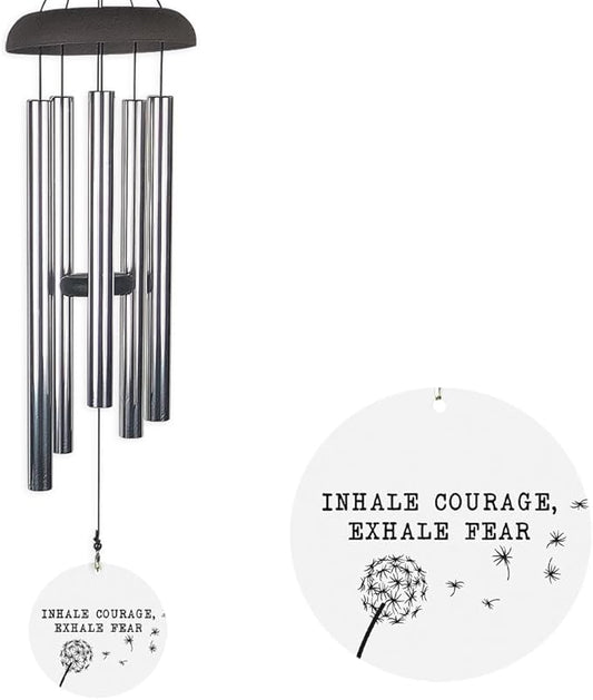 Inspirational Wind Chime Inhale Courage Exhale Fear with Dandelion Design, Outdoor Decorative Chime for Garden, Patio, or Porch, Motivational Quote Gift