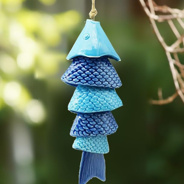 Koi Fish Wind Chime for Outside, 12 Inch Ceramic Wind Chimes with Gentle Tones for Patio Garden Yard, Porch, Beach Decor, Thoughtfully Weighted Design Prevents Constant Ringing.