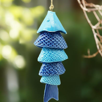 Koi Fish Wind Chime for Outside, 12 Inch Ceramic Wind Chimes with Gentle Tones for Patio Garden Yard, Porch, Beach Decor, Thoughtfully Weighted Design Prevents Constant Ringing.