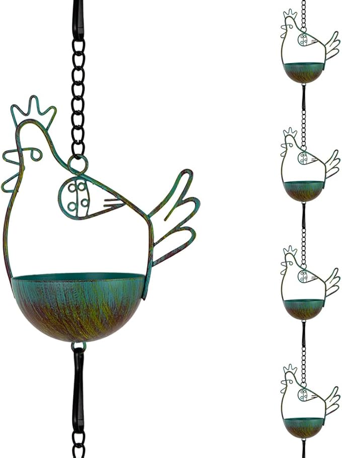10.6FT Rain Chains for Gutter, Chicken Decorative Rain Chain with 12 Cups, Adjustable Rain Catcher Chain for Eaves Drainage, Replacement for Downspout