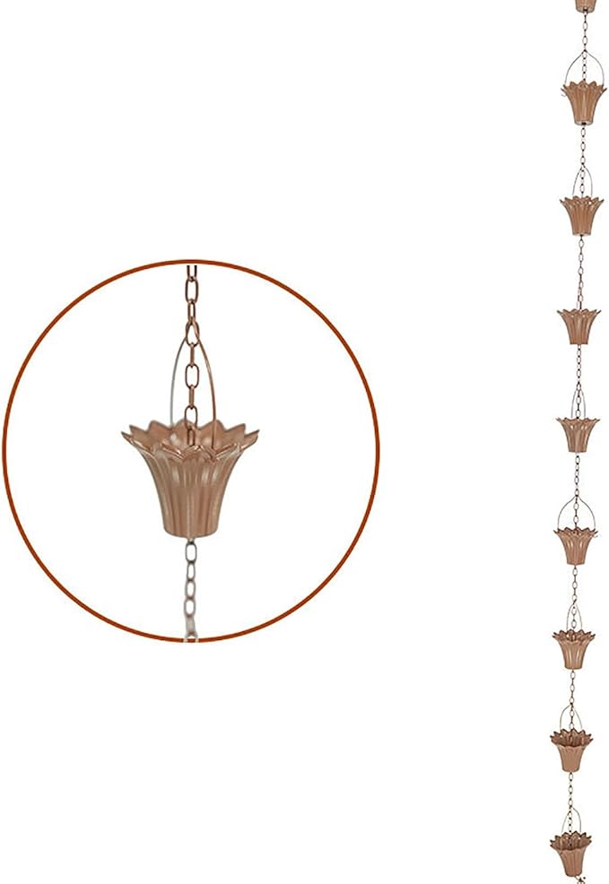 Copper Plated Rain Chain for Outside Downspouts,Adjustable Rain Catcher Chain for Eaves Drainage,Decorative Metal Hanging Flower Spiral Rain Bells(B)