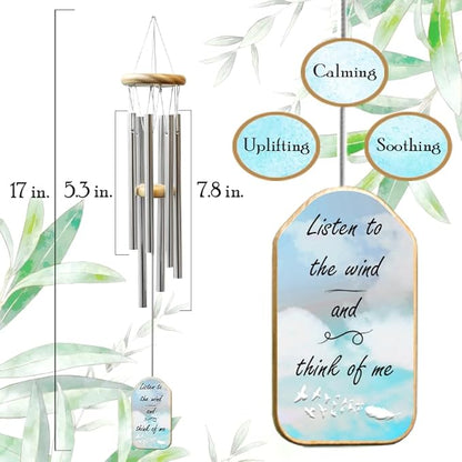 Personalized Sympathy Wind Chimes for Loss of Loved One, 17 Inches, Blue Sky - Add Photo and Text - Metal Tubes and Custom Wooden Striker Windcatcher