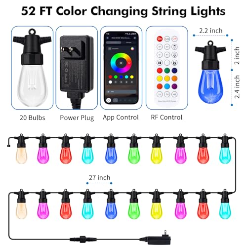 TviewSmart Outdoor String Lights - 52FT Waterproof Color Changing