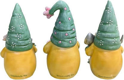 Spring & Summer-Themed Garden Statues – Adorable Outdoor Decor for Lawn, Patio & Porch (Garden Guardians Set of Three 6" Gardening Gnome Figurines, Floral Green and Yellow Statue Decor)