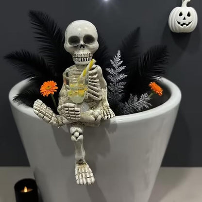 Halloween Skeleton Flowerpot Decoration, Weather Resistant Resin Garden Statue (Yellow Cup)