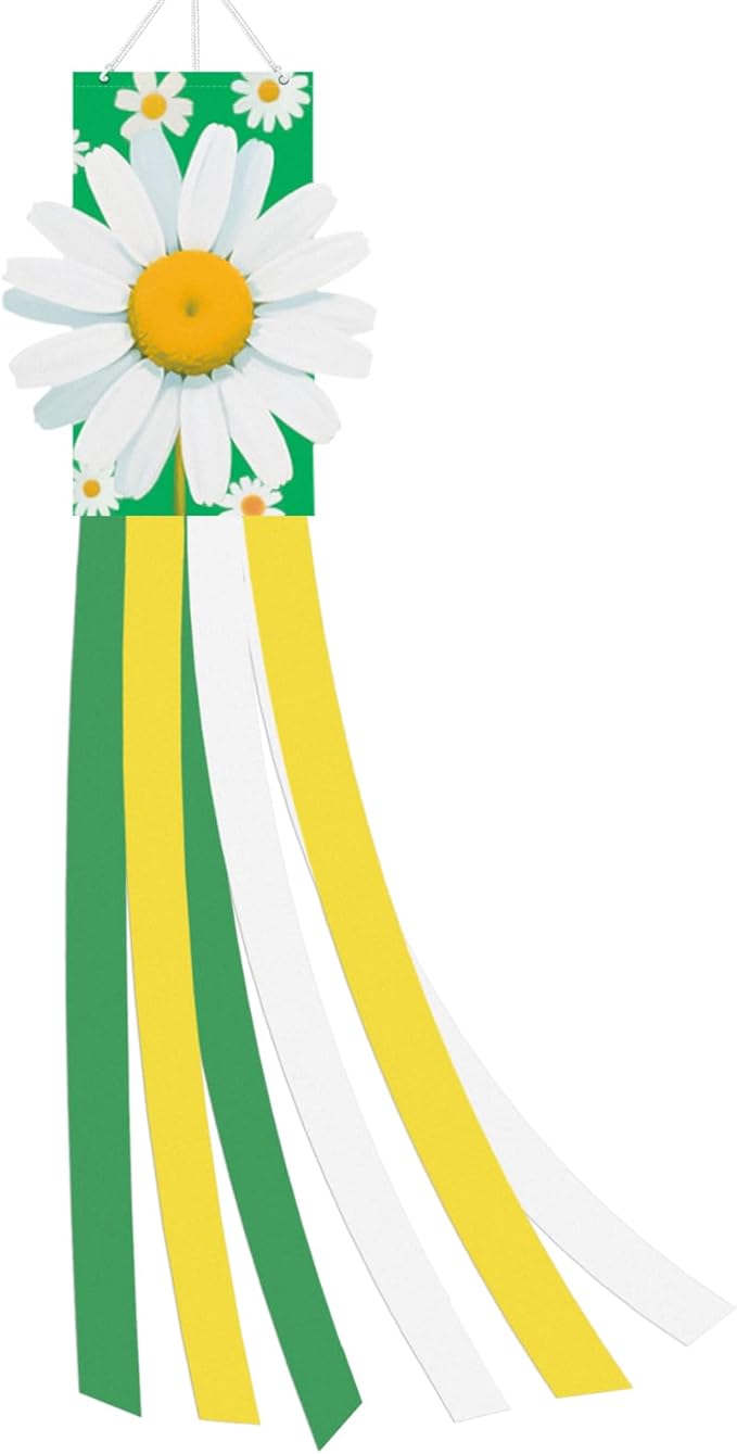 40 Inches 3D Daisy Windsock Decoration, Dimensional Hanging Outdoor Wind Sock with Green, White, and Yellow Streamers for Garden, Yard, Porch, Spring and Floral-Themed Party Decor