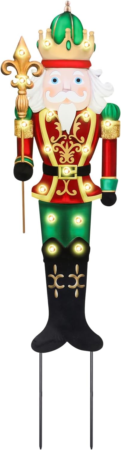 WONDER GARDEN Outdoor Nutcracker Christmas Yard Stakes, Metal Yard Signs, Led Light Soldier King Christmas Yard Decorations for Lawn Party Decorations