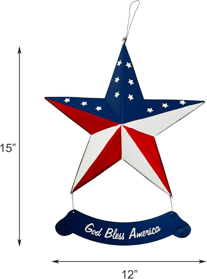 Rustic Hanging Metal American Flag Patriotic Barn Star Wall Door Yard Signs 4th of July White Blue Red Independence Day Memorial Day Decor Indoor Outdoor Stars Wreath Fourth of July Decorations