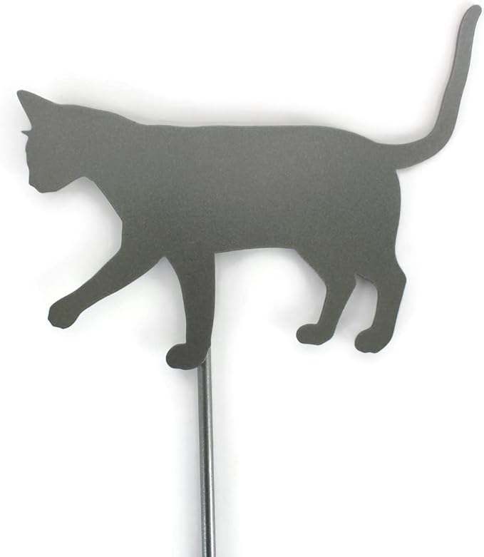 Pets and Farm Animals Metal Garden Landscape Stake (9" Wide Cat on Stake, Metallic Dark Gray)