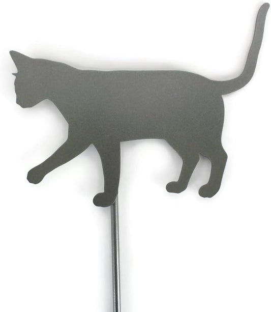 Pets and Farm Animals Metal Garden Landscape Stake (9" Wide Cat on Stake, Metallic Dark Gray)