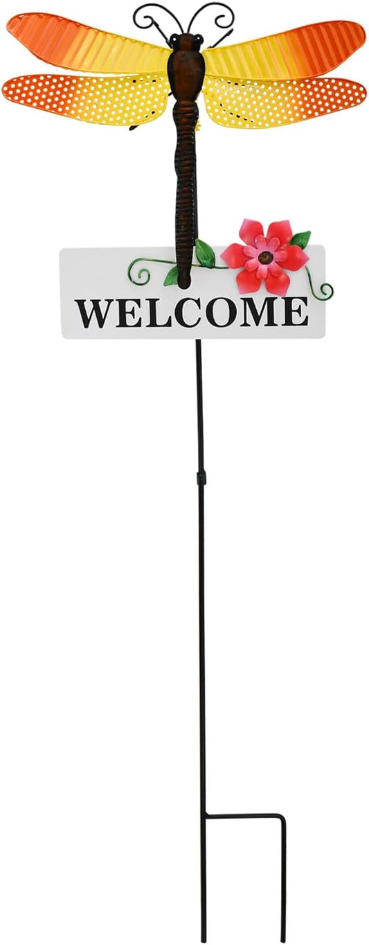 Garden Decor Metal Welcome Yard Stakes Spring Lawn Art Patio Decorative Plant Stake for Flower Pot Pathway Porch Backyard Indoor Outdoor Decoration (Dragonfly)