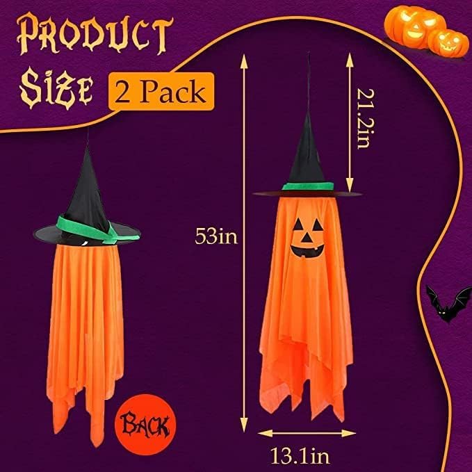 Halloween Decorations, 2 Pack Orange Pumpkin Wizard Hat Pre-Installed Pumpkin Ghost Ghosts Witch Hanging Ornaments Decor for Home Party Garden Indoor Outdoor