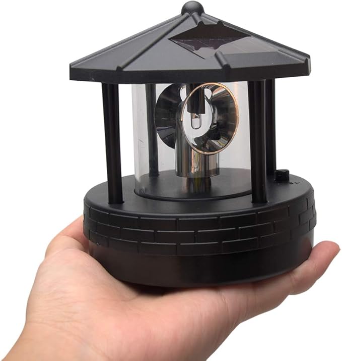 4.33inch LED Solar Powered Lighthouse, IP44 Waterproof, 360 Degree Rotating Lamp Waterproof Statue Rotating Lights for Garden Yard Outdoor Decor(Black,Size:M)