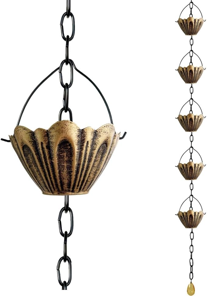 Rain Chain Gutter Downspout Catcher Outside Water Diverter Decorative Garden Rain Cups Chime Home Decor (Golden)
