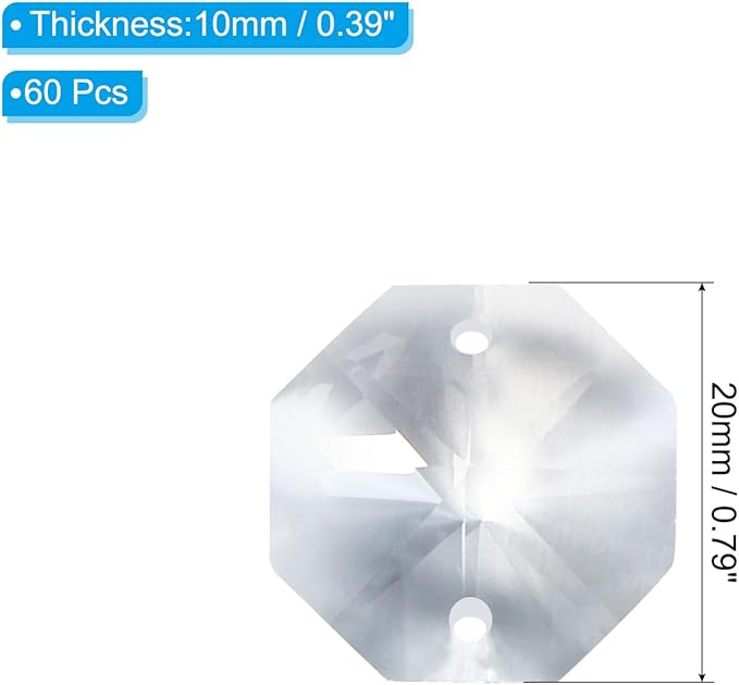 PATIKIL K9 Crystal Octagon Beads 2 Holes Pendants, 60 Pack 20mm Chandelier Prisms Parts Ornaments Hanging Beads for DIY Arts Crafts Decoration, Clear