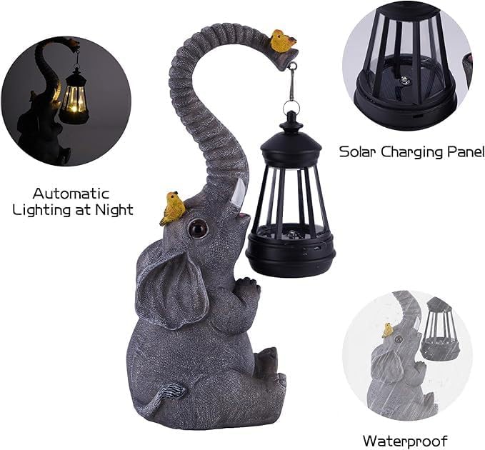 Elephant Garden Statues with Solar Lantern Outdoor Elephants Figurine Resin Elephant Sculpture Solar Lights for Decoration Yard Patio Balcony Lawn Ornament Art Decor, Unique Gift for Grandma Wowen Mom