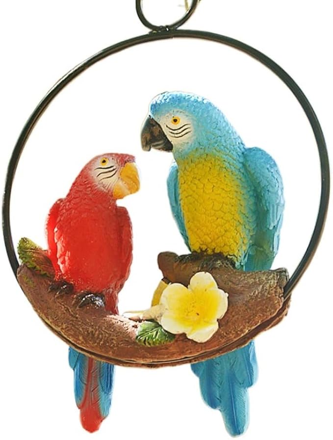 Mini Garden Statues Hanging Iron Ring Parrots, Swing Birds Figurine Sculpture Ornament for Pathways Yard Lawn Home Indoor Outdoor Decorations(Style 1)