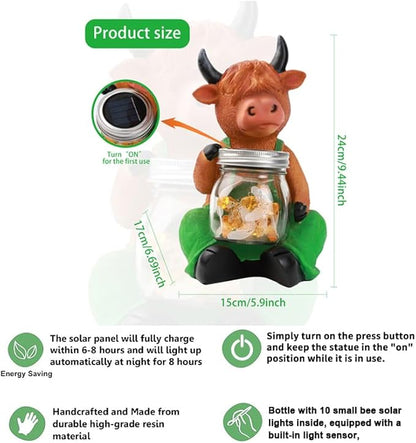 Solar Firefly Jar Highland Cow Waterproof - Garden Highland Cow Solar Outdoor LED Lights Resin Statues Lantern Figurines Decorations Birthday Housewarming Gifts for Mom Women