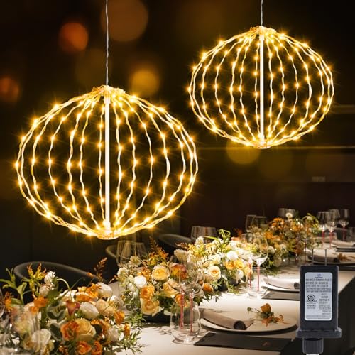 Christmas Ball Lights Outdoor - 2pcs Mix Size Sphere Hanging Globes Warm White