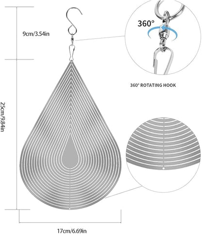 3D Water Drop Wind Spinner, Stainless Steel Highly Reflective 360° Rotating, Humane Bird Repeller, Outdoor Garden Patio Yard Decor, 17cm×25cm Silver Metal Wind Sculpture