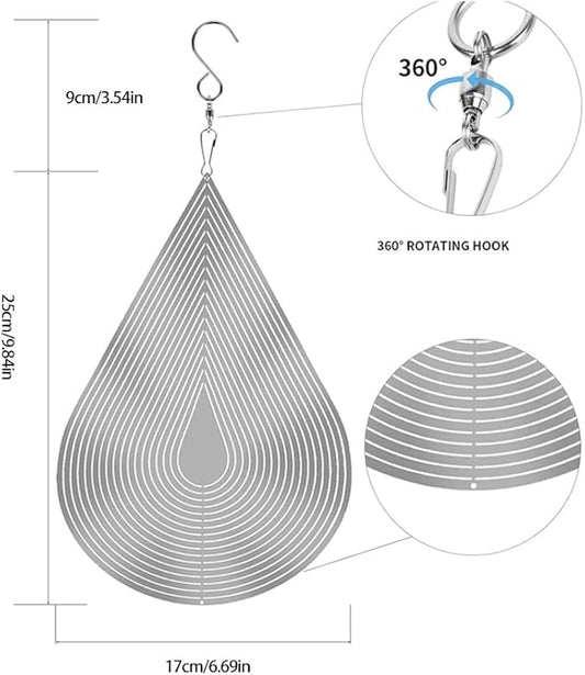 3D Water Drop Wind Spinner, Stainless Steel Highly Reflective 360° Rotating, Humane Bird Repeller, Outdoor Garden Patio Yard Decor, 17cm×25cm Silver Metal Wind Sculpture