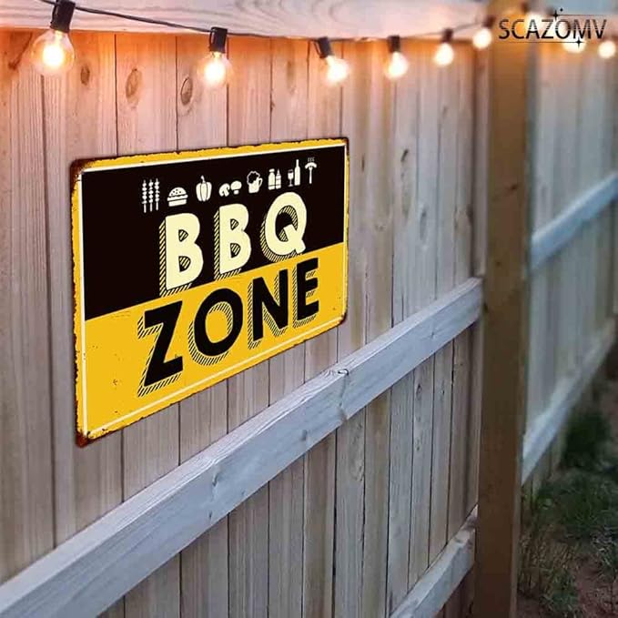 SCAZOMV BBQ Zone Vintage Retro Tin Sign Outdoor Sign Bar Wall Decor Outdoor Pool Backyard Signs 8"X12"