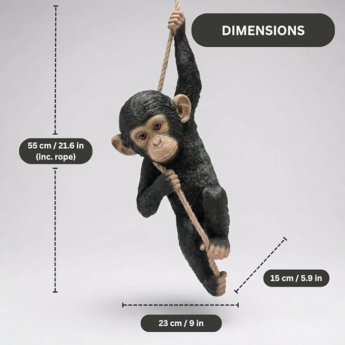 Hanging Monkey Outdoor Decor, Resin Statue on Rope for Front Porch, Patio, Yard, Tree Fence, Garden Ornament, Animal Decoration for Outside Spaces, 21.7 in
