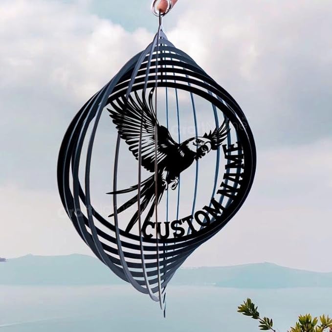 Personalized Parrot Metal Wind Spinner, Custom Hanging Decoration for Outdoor Spaces, Kinetic Bird Ornament, Tropical Gift (Parrot Garden Wind Spinner)