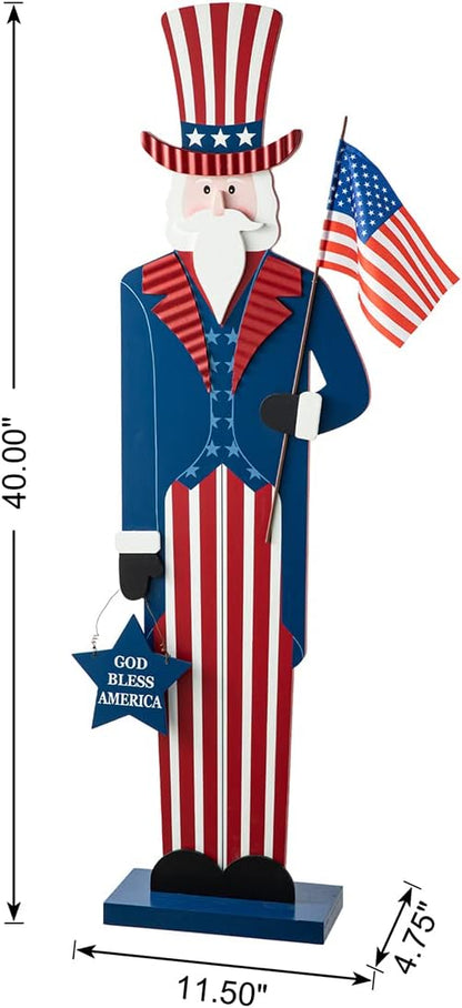 Glitzhome Patriotic 4th of July Wooden Porch Sign Independence Day 40" H Americana Uncle Sam Porch Decor Vertical Front Door Sign for Memorial Day Sign Home Front Door Yard Party Decor