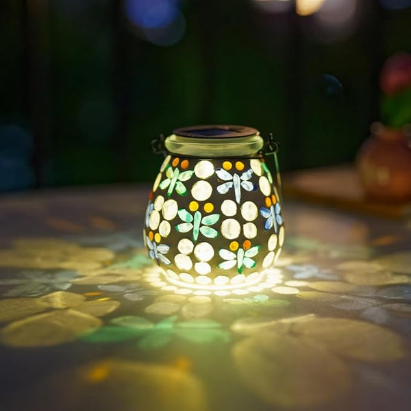 Stargarden Mosaic Solar Lanterns Outdoor Waterproof, Dragonfly Lanterns Decorative Outdoor, Glass Hanging Solar Lights Table Lamp for Yard, Garden Decor