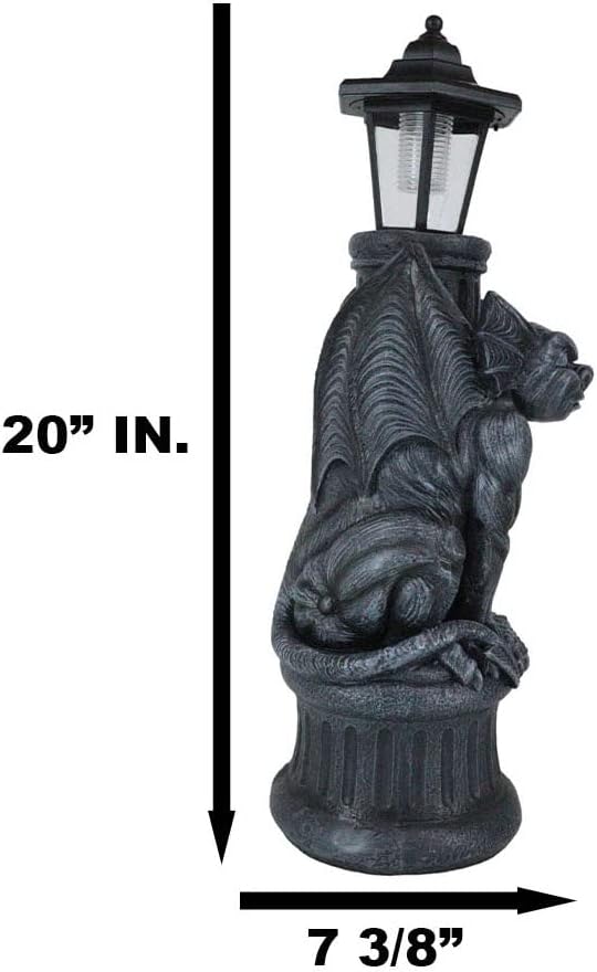 Ebros Faux Stone Gothic Crouching Winged Gargoyle Statue with Solar LED Lantern Light Post 20" Tall Decor Figurine