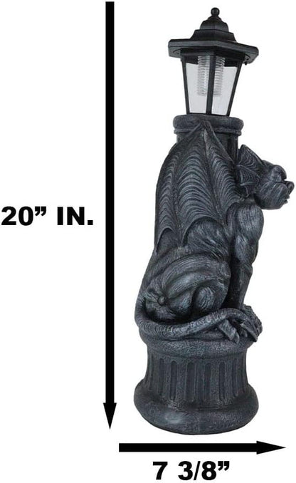 Ebros Faux Stone Gothic Crouching Winged Gargoyle Statue with Solar LED Lantern Light Post 20" Tall Decor Figurine