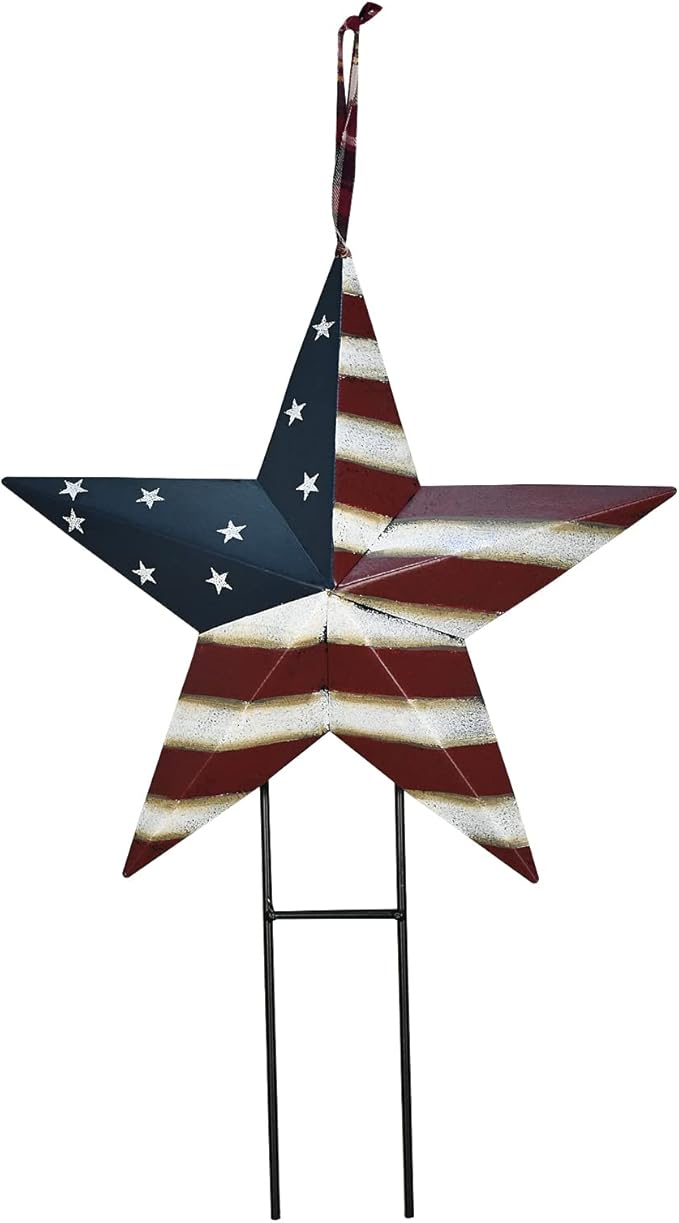 Linfevisi American Flag Star Yard Signs 17.3 Inch Metal Patriotic Barn Stars Garden Stakes US Flag Outdoor 4th of July Decorations Memorial Day Yard Art Lawn Ornaments Patio for Outside