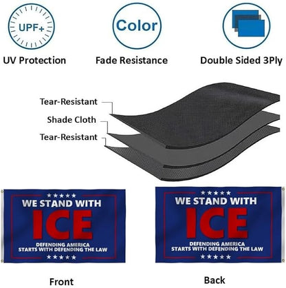 We Stand With Ice Flag 5X8Ft, Double Sided 3Ply, Defending America Starts With Defending The Law Flags,CIty Banner, Men Women Banner,Vibrant Colors, Double Stitched with 2 Brass Grommets, Bar Garden Street Decoration, GYM, Office Decor,Indoor Outdoor U...