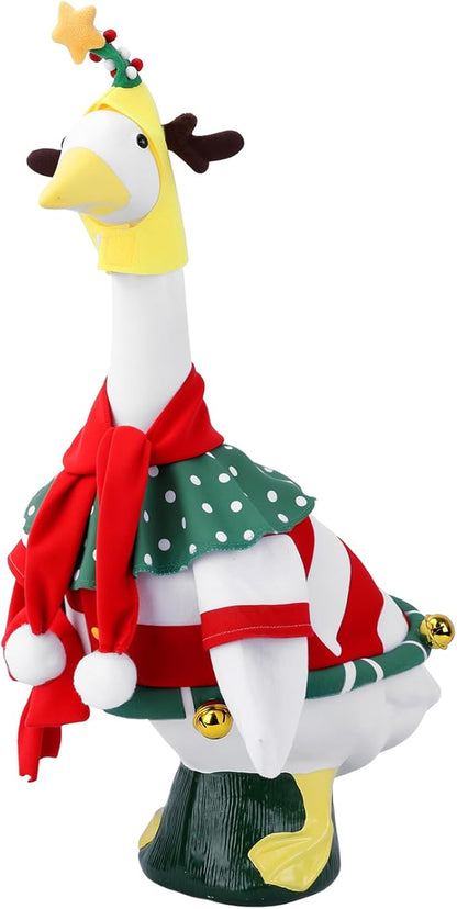 Christmas Porch Goose Outfit, 23" Cement or Plastic Goose Statue Costume, Porch Goose Outfits for Patio, Yard & Garden, Cozy Holiday Décor Adds Cheer with Jingling Bells