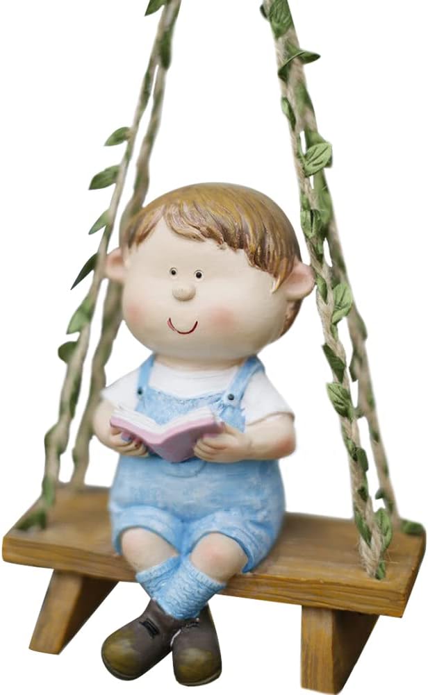 WAYUTO Swing Garden Statue Ornament Cute Resin Boy Figure Hanging Hammock Outdoor Funny Garden Decor for Patio Yard Lawn Fence Pathway Backyard Landscape Tree