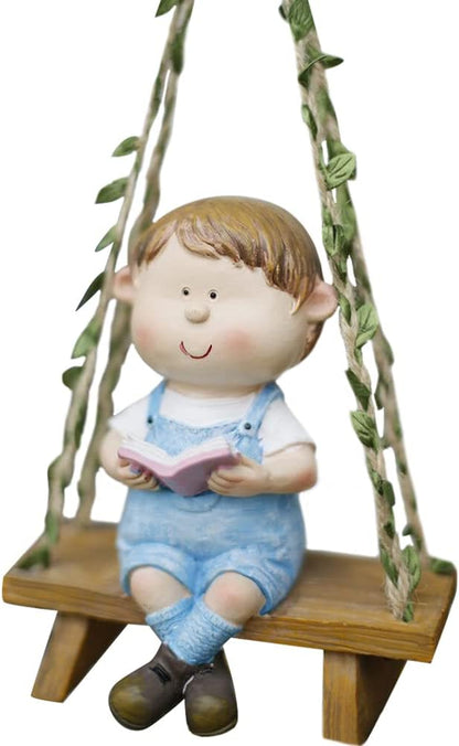 WAYUTO Swing Garden Statue Ornament Cute Resin Boy Figure Hanging Hammock Outdoor Funny Garden Decor for Patio Yard Lawn Fence Pathway Backyard Landscape Tree