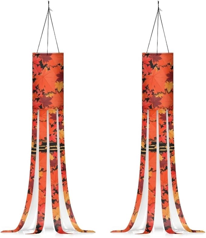 Jeiento Thanksgiving Windsock Fall Red Maple Leaf Wind Socks for Home Yard Outdoor Decor Party Supplies,Fall Thanksgiving Windsocks Decoration|40-Inch,Pack of 2