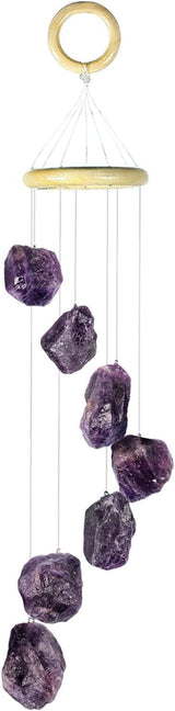 Amethyst Raw Stone Wind Chime with Wooden Hanging Circle Boho Patio Home Garden Windows Wall Ornament