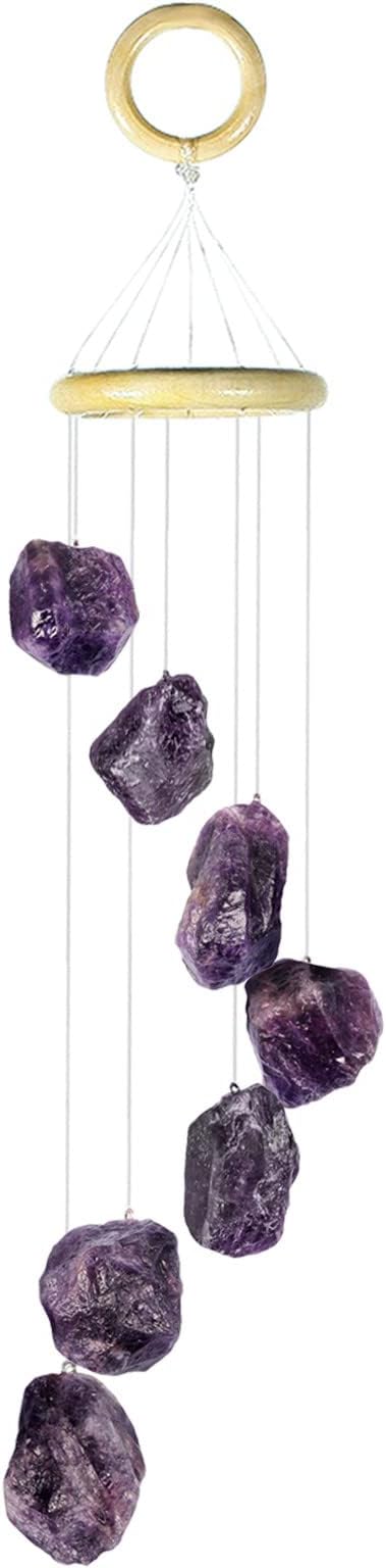 Amethyst Raw Stone Wind Chime with Wooden Hanging Circle Boho Patio Home Garden Windows Wall Ornament
