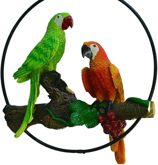 Mini Garden Statues Hanging Iron Ring Parrots, Resin Parrot Hanging Statue, Hanging Birds Figurine for Pathways Yard Patio Office Home Indoor Outdoor Tree Decorations (C-2)