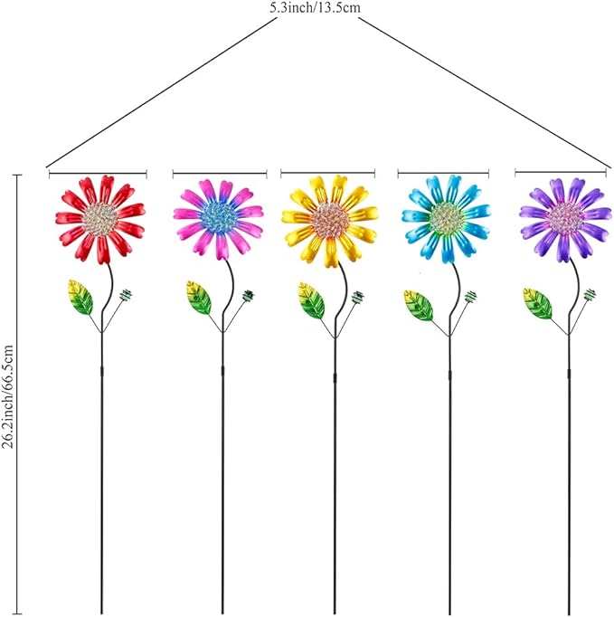 Metal Flower Garden Stakes Yard Art,5 Pcs Colorful Flower Bed Decor Yard Stakes for Outside with Beads for Outdoor Lawn Porch Pathway Patio