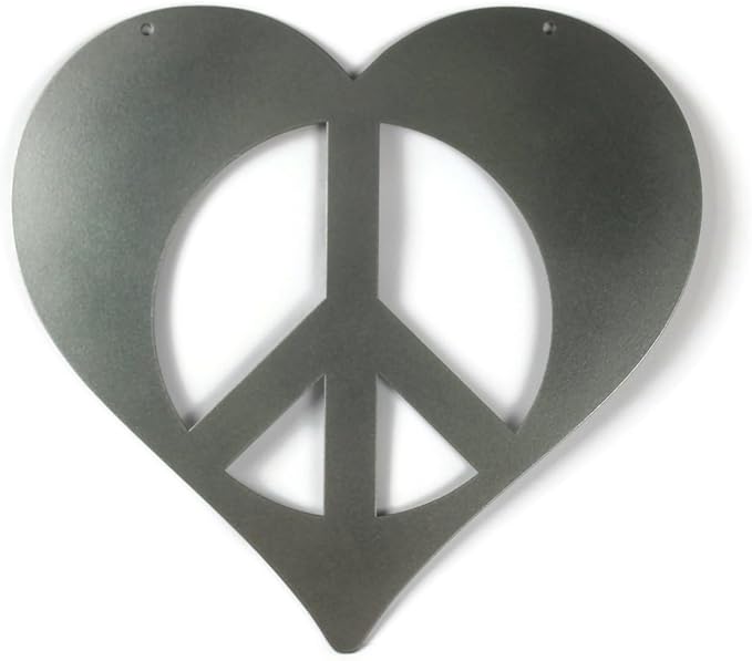 Peace and Heart Staked Signs or Wall Art Rustic or Powder Coated Finishes (Medium Peace Heart Hanger 12", Dark Gray Metallic)