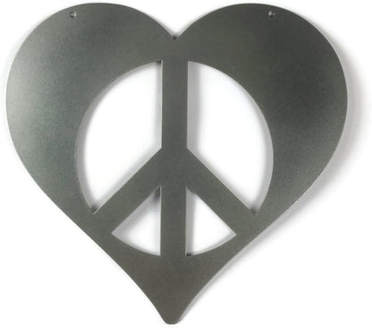 Peace and Heart Staked Signs or Wall Art Rustic or Powder Coated Finishes (Medium Peace Heart Hanger 12", Dark Gray Metallic)