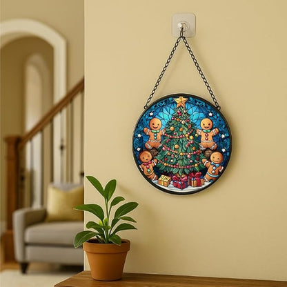 Stained Glass Window Hanging - 6.3in Gingerbread Men Decorating Christmas Tree Sun Catchers Panel for Indoor Decorative Display for Mom,Wife,Lovers,Festive