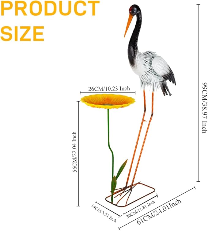 38" Metal Crane Garden Statue with Bird Bath, Large Outdoor Heron Sculpture,Rust-Proof Garden Sculptures & Statues,Yard Art for Patio & Backyard